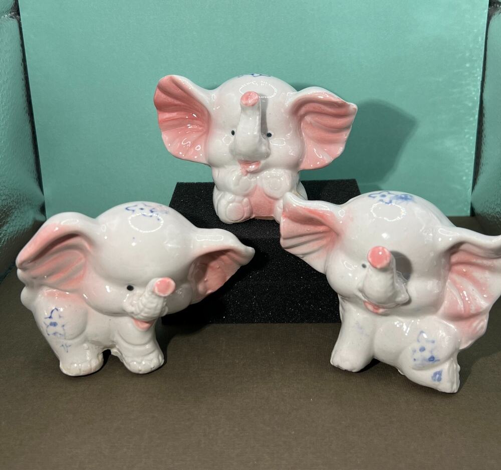 3pc Pink and Gray Elephants Figurine Ceramic Big Ears & Smiles Vintage Grey